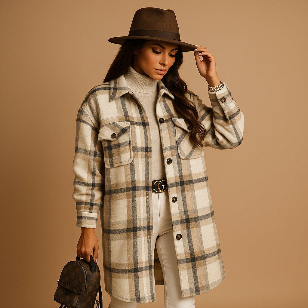 Long checked coat for women with tailored fit, soft warm fabric, and subtle check pattern for elegant everyday or formal outfits.