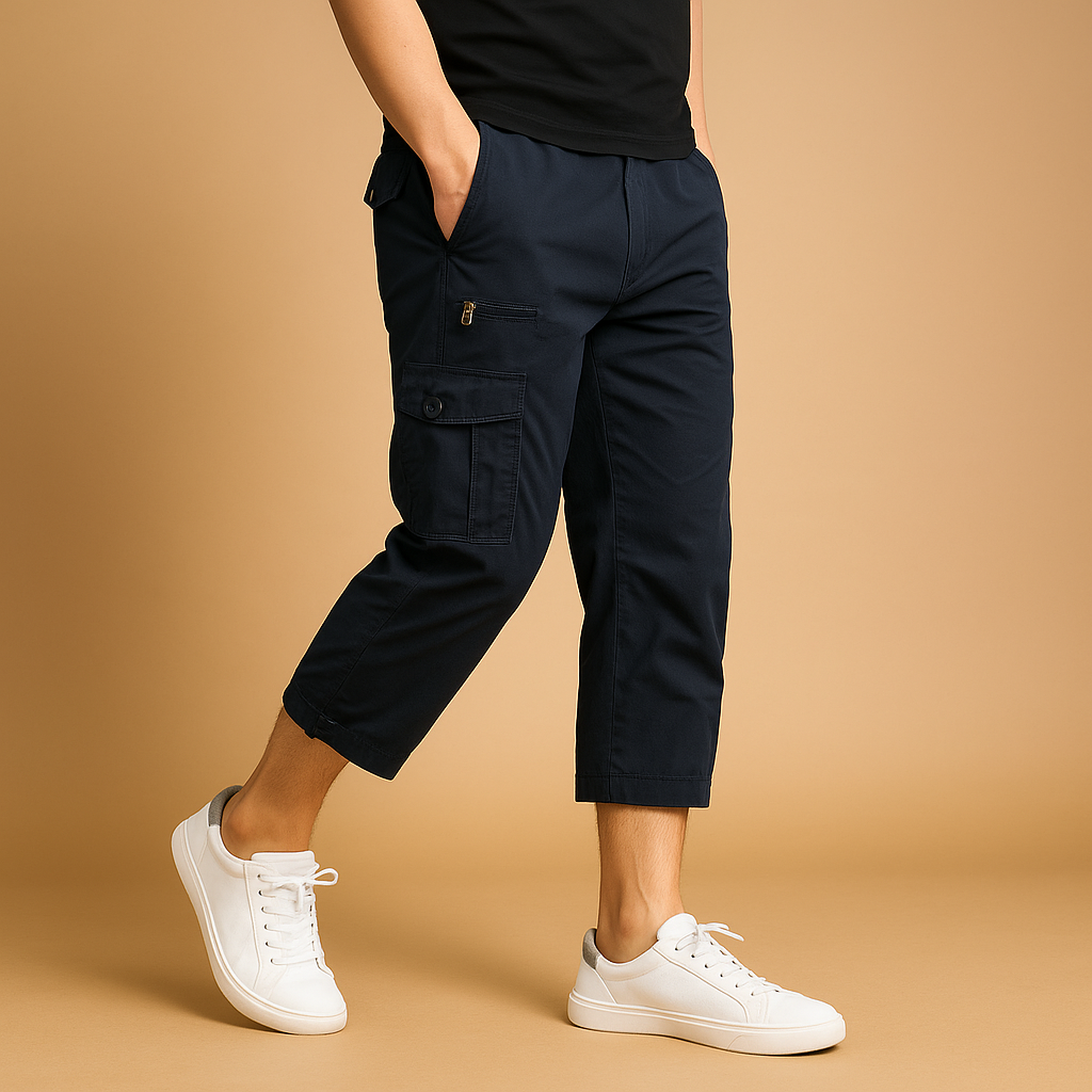 Men’s long cotton cargo shorts with breathable fabric, relaxed fit, and multiple pockets, perfect for summer, casual wear, and outdoor activities.