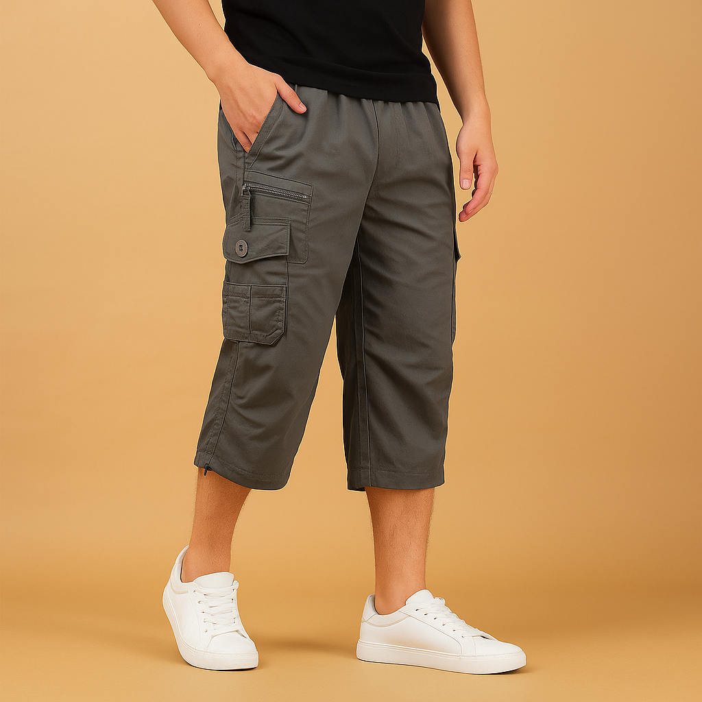 Men’s long cotton cargo shorts with breathable fabric, relaxed fit, and multiple pockets, perfect for summer, casual wear, and outdoor activities.