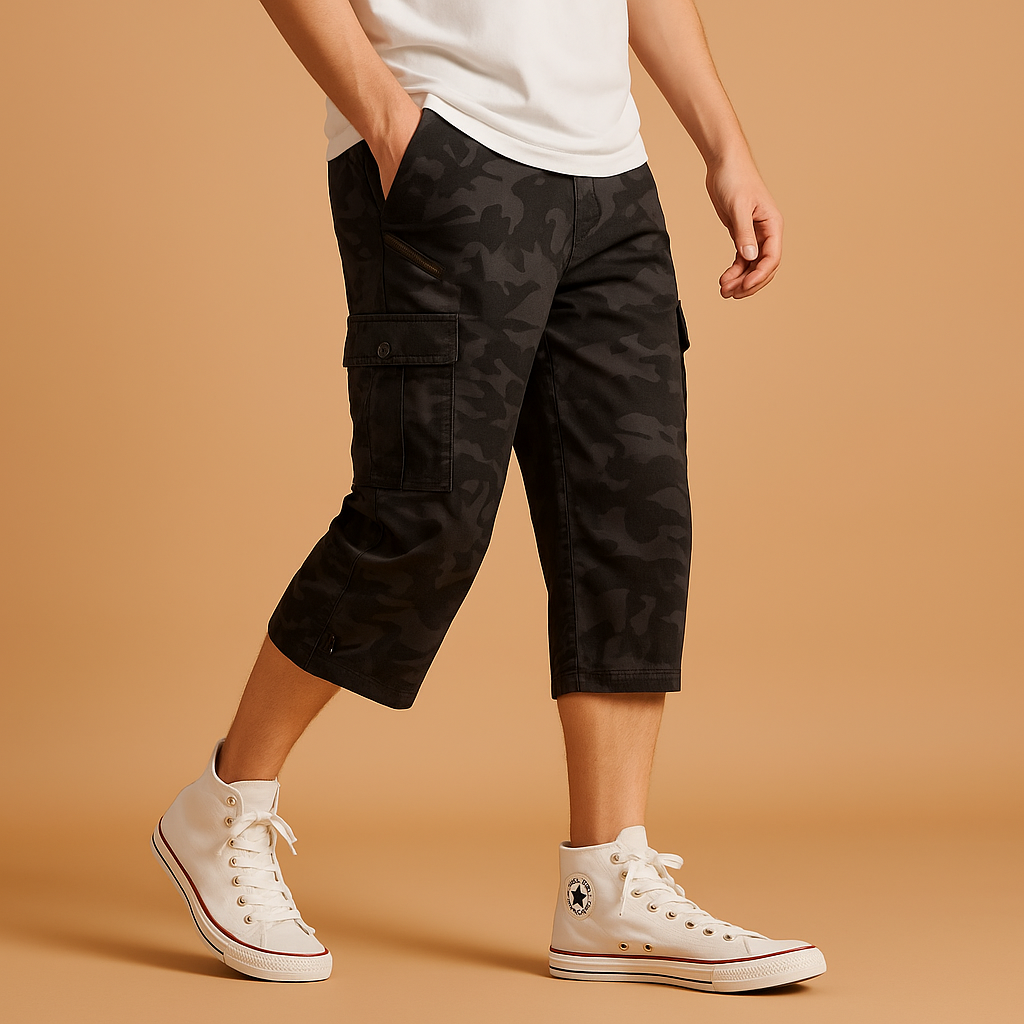 Men’s long cotton cargo shorts with breathable fabric, relaxed fit, and multiple pockets, perfect for summer, casual wear, and outdoor activities.