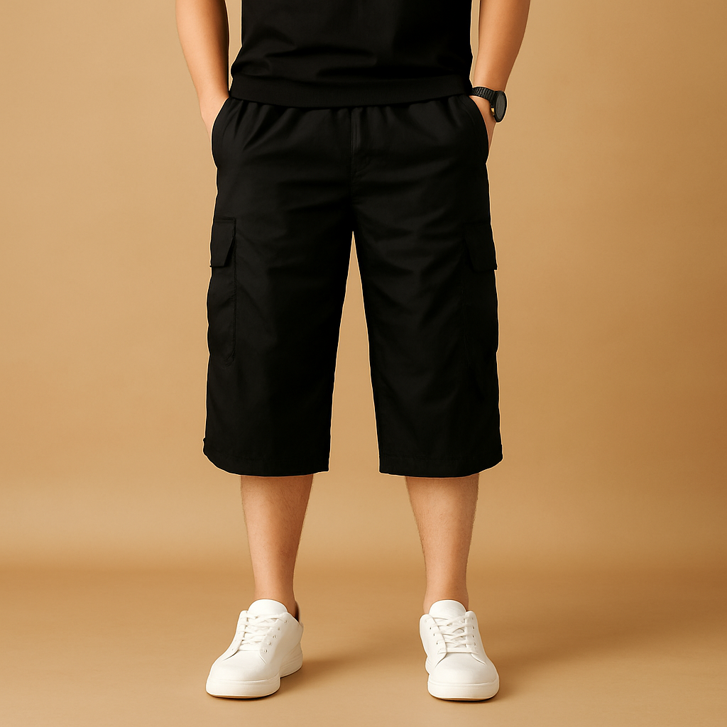 Men’s long cotton cargo shorts with breathable fabric, relaxed fit, and multiple pockets, perfect for summer, casual wear, and outdoor activities.