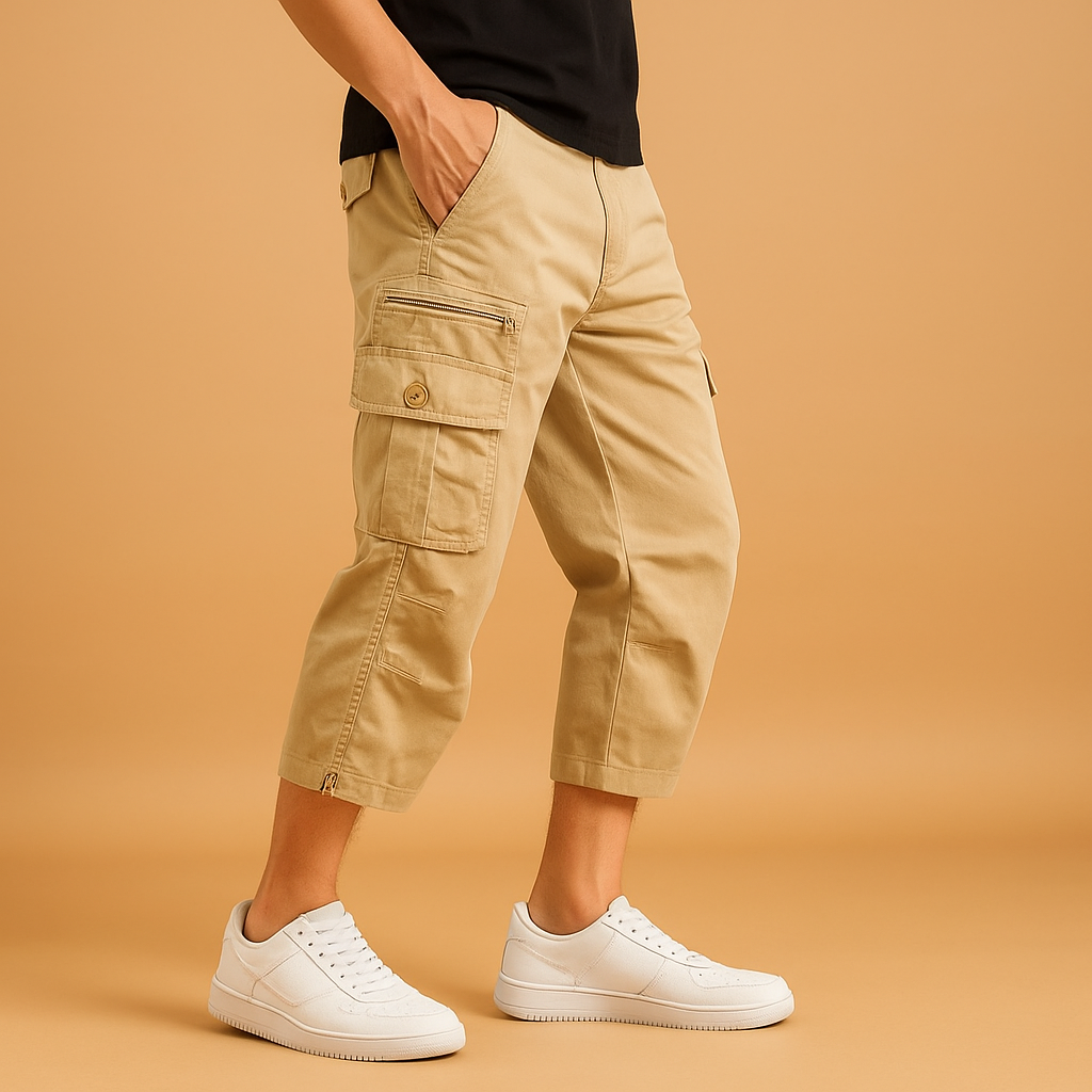 Men’s long cotton cargo shorts with breathable fabric, relaxed fit, and multiple pockets, perfect for summer, casual wear, and outdoor activities.