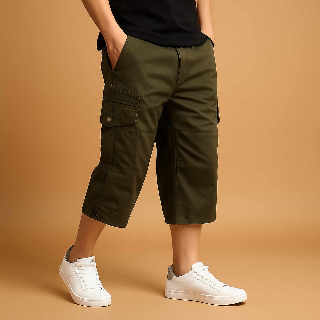 Men’s long cotton cargo shorts with breathable fabric, relaxed fit, and multiple pockets, perfect for summer, casual wear, and outdoor activities.