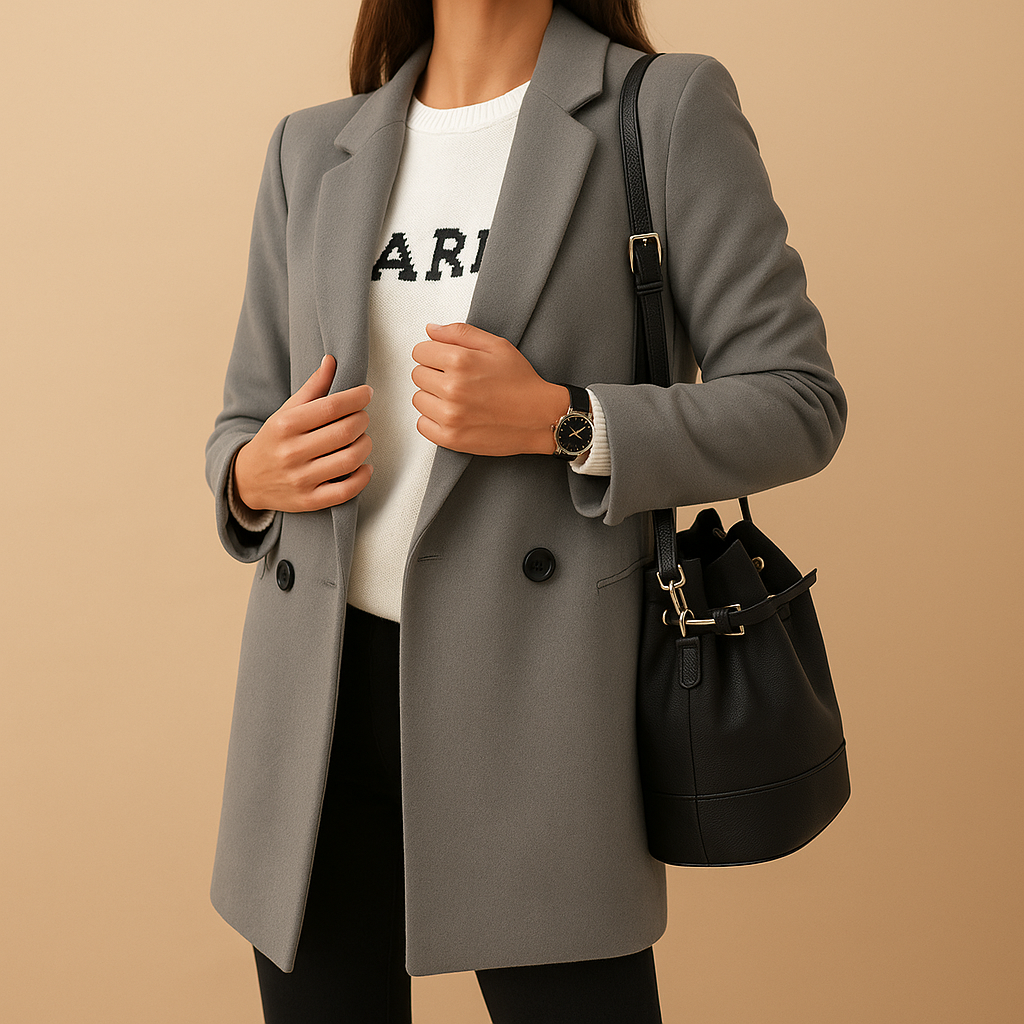 Women’s long elegant jacket with classic silhouette, refined finish, and flattering cut. Available in neutral tones for versatile seasonal wear.