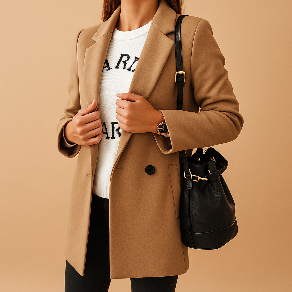 Women’s long elegant jacket with classic silhouette, refined finish, and flattering cut. Available in neutral tones for versatile seasonal wear.