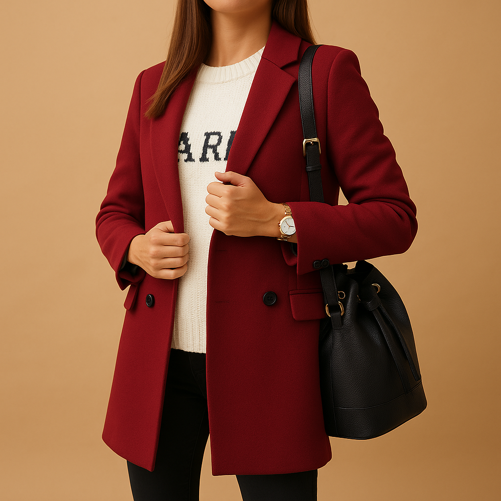 Women’s long elegant jacket with classic silhouette, refined finish, and flattering cut. Available in neutral tones for versatile seasonal wear.