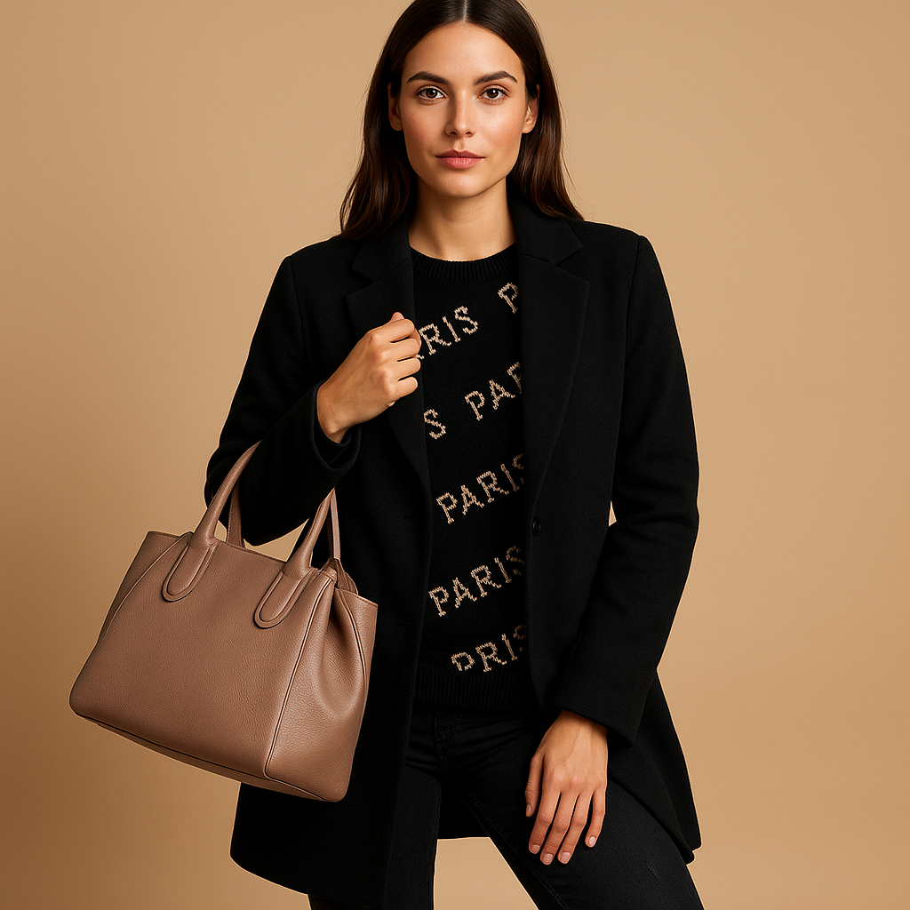 Women’s long elegant jacket with classic silhouette, refined finish, and flattering cut. Available in neutral tones for versatile seasonal wear.