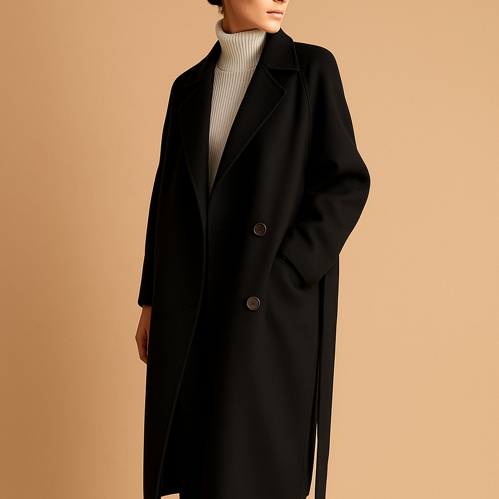 Long elegant winter coat for women with tailored fit and timeless design, ideal for formal and casual wear in cold weather.