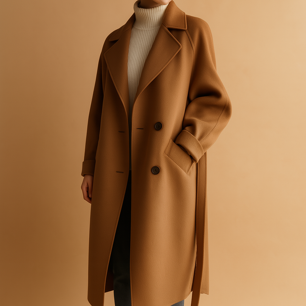 Long elegant winter coat for women with tailored fit and timeless design, ideal for formal and casual wear in cold weather.