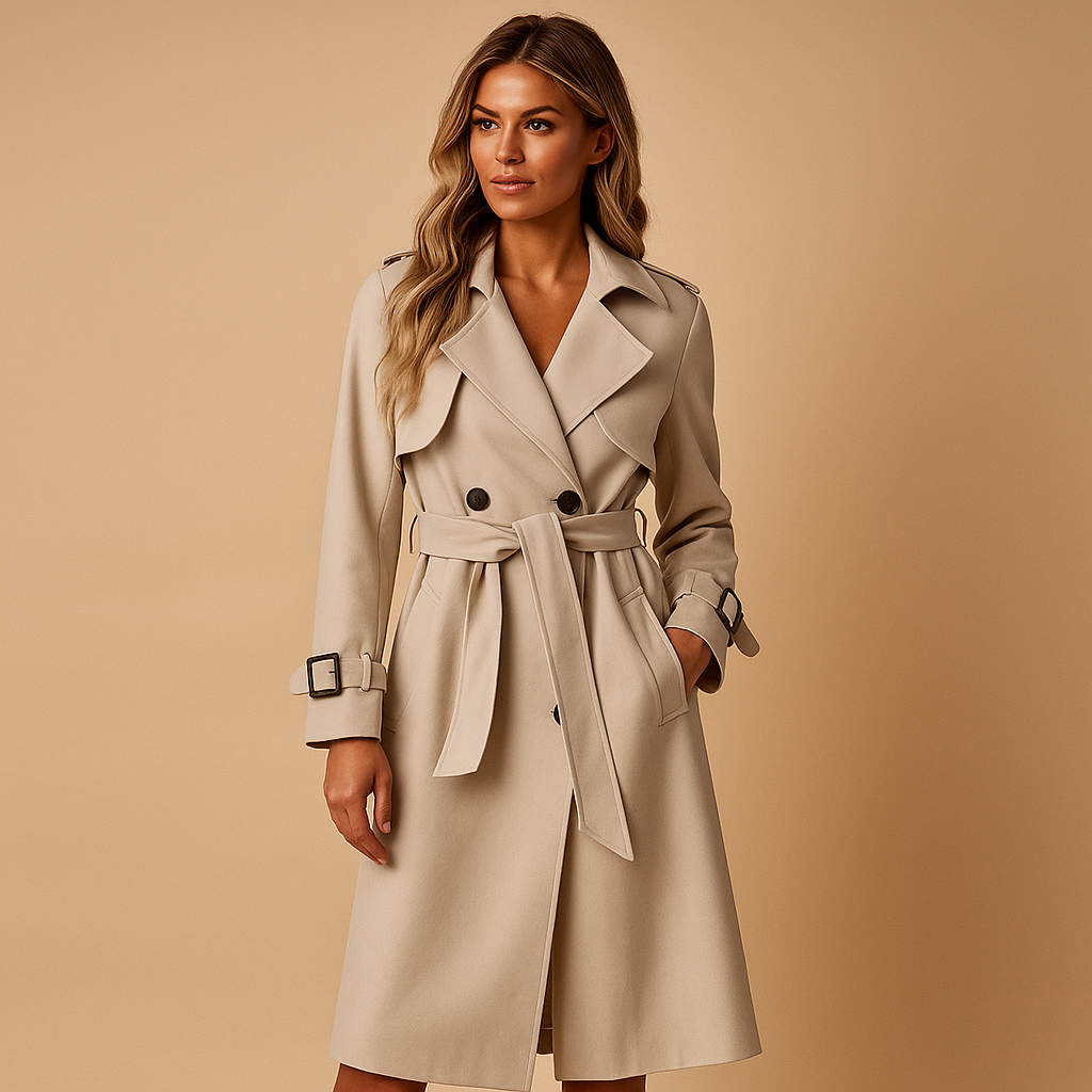 Long elegant winter coat for women with tailored fit, double-breasted closure, and structured shoulders. Ideal for formal events and winter outings.