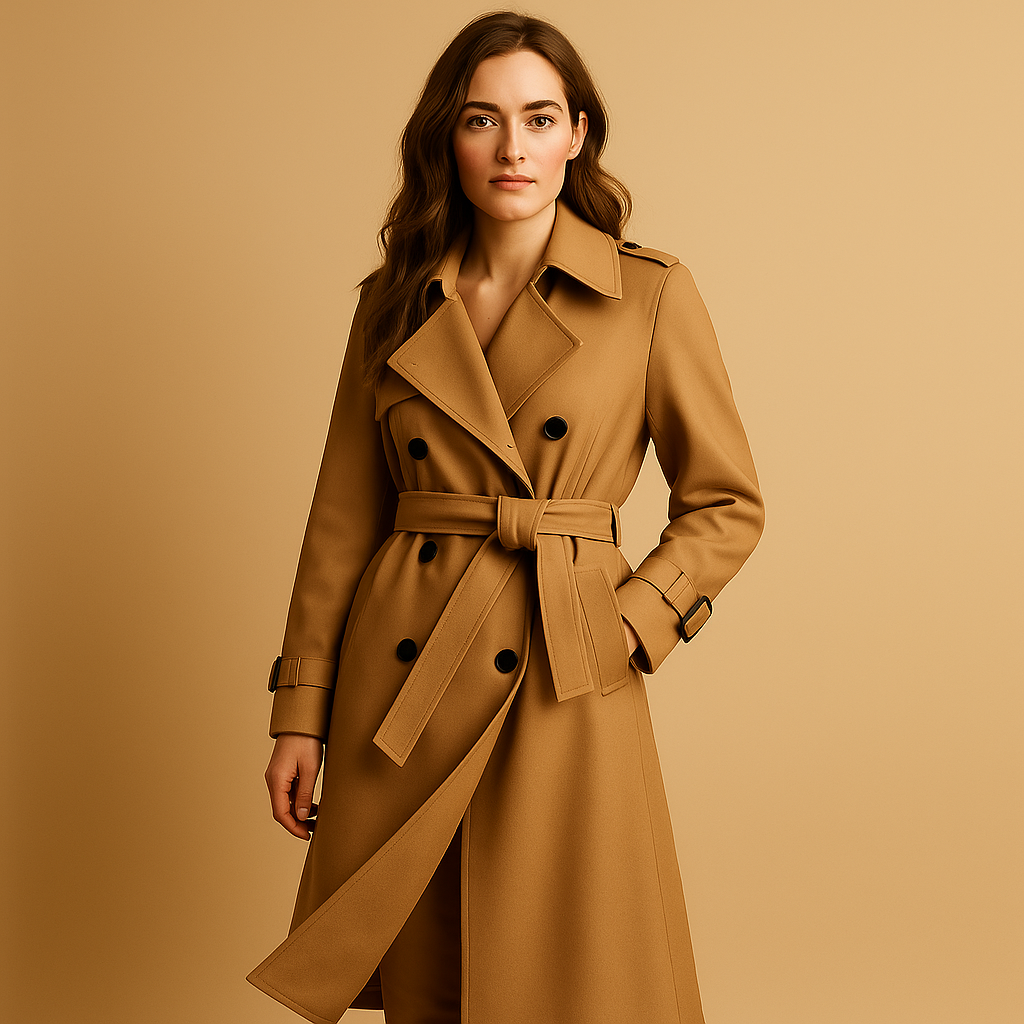 Long elegant winter coat for women with tailored fit, double-breasted closure, and structured shoulders. Ideal for formal events and winter outings.