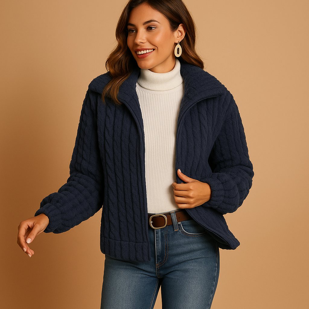 Long fleece jacket for women with stand-up collar and pockets, available in Beige, Grey, Black, and Blue, ideal for casual or layered winter looks.