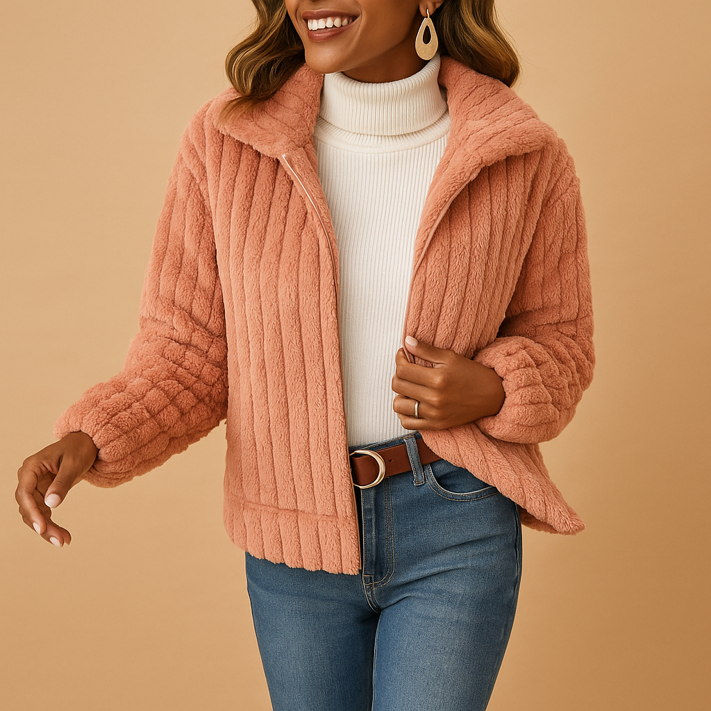 Long fleece jacket for women with stand-up collar and pockets, available in Beige, Grey, Black, and Blue, ideal for casual or layered winter looks.