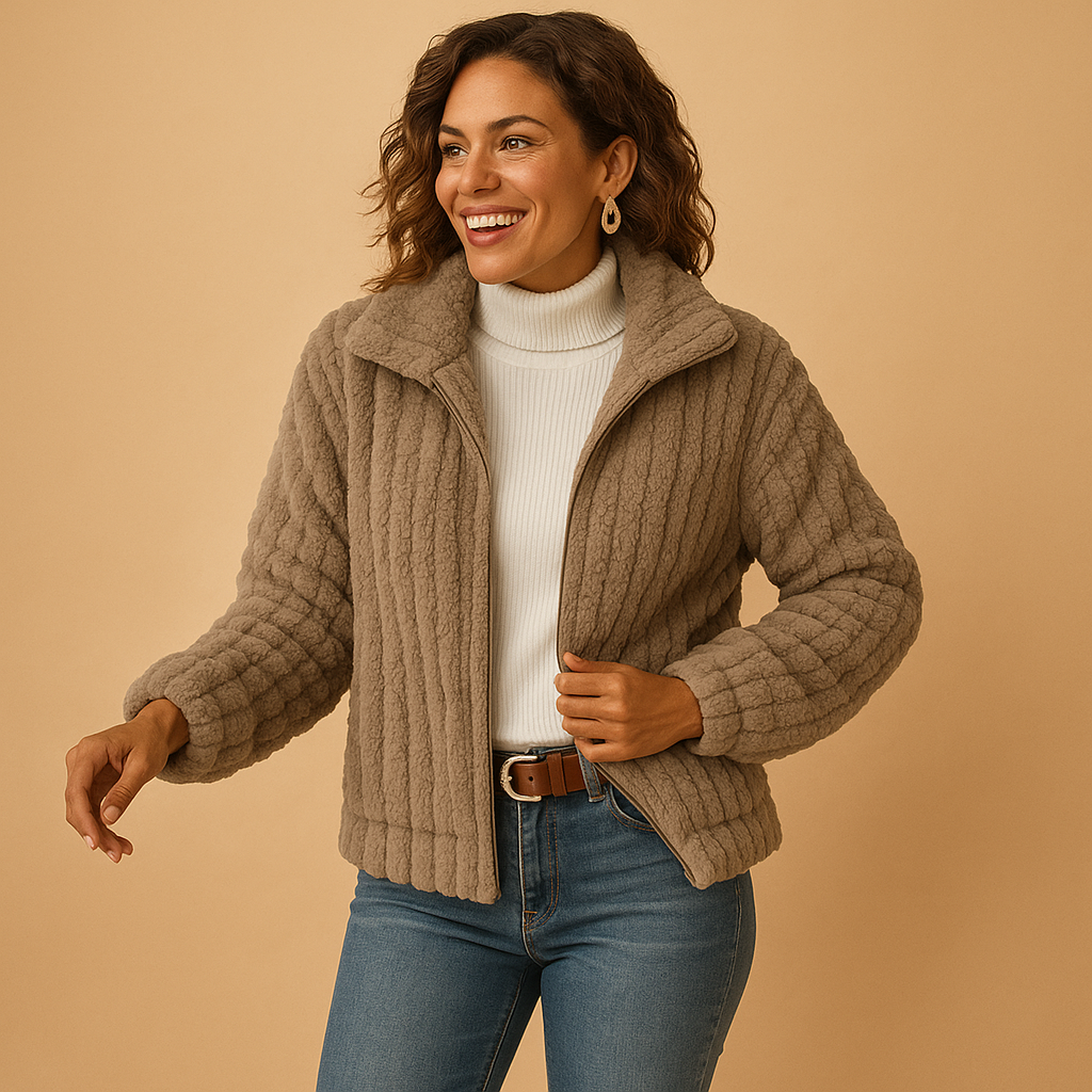 Long fleece jacket for women with stand-up collar and pockets, available in Beige, Grey, Black, and Blue, ideal for casual or layered winter looks.