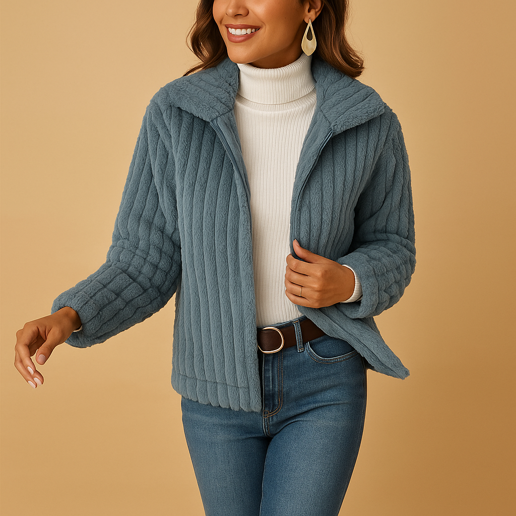Long fleece jacket for women with stand-up collar and pockets, available in Beige, Grey, Black, and Blue, ideal for casual or layered winter looks.
