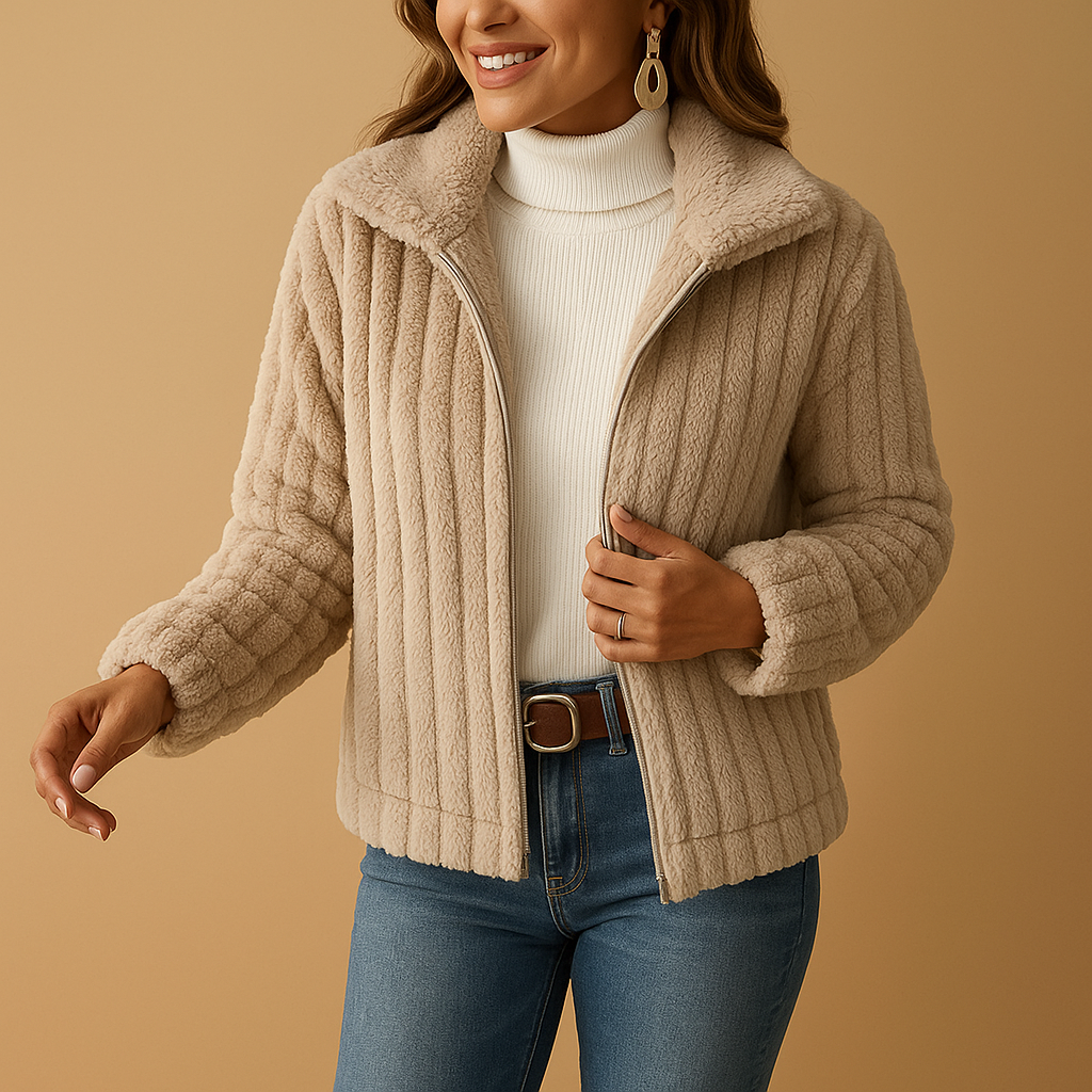 Long fleece jacket for women with stand-up collar and pockets, available in Beige, Grey, Black, and Blue, ideal for casual or layered winter looks.
