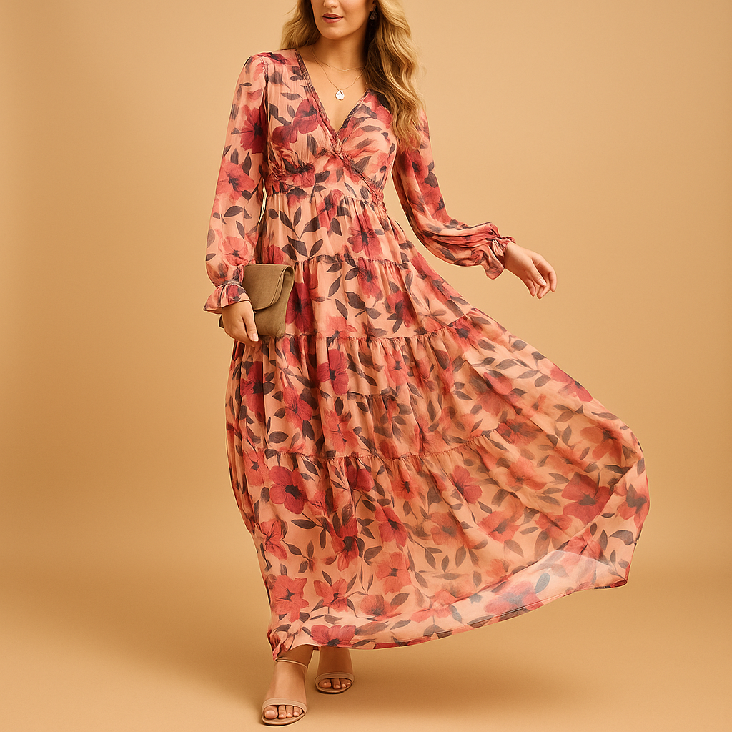 Long floral summer dress for women with V-neck and flowing fit, perfect for beach days, parties, and warm summer evenings.