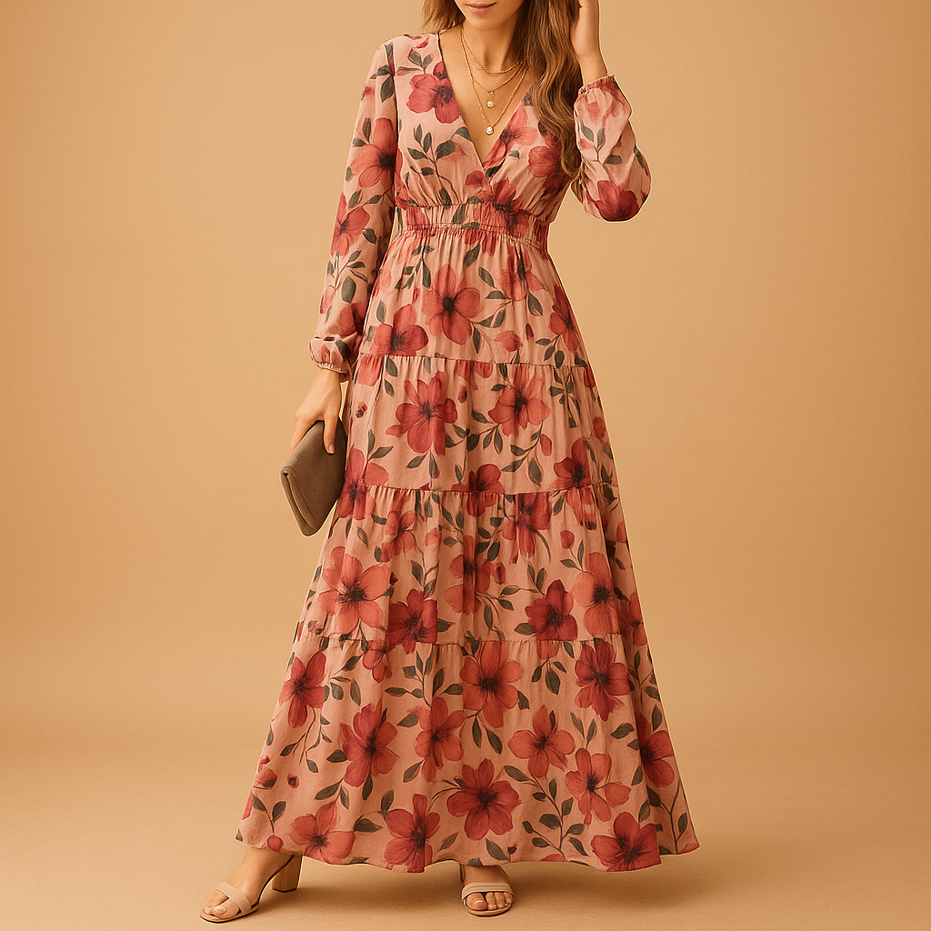 Long floral summer dress for women with V-neck and flowing fit, perfect for beach days, parties, and warm summer evenings.