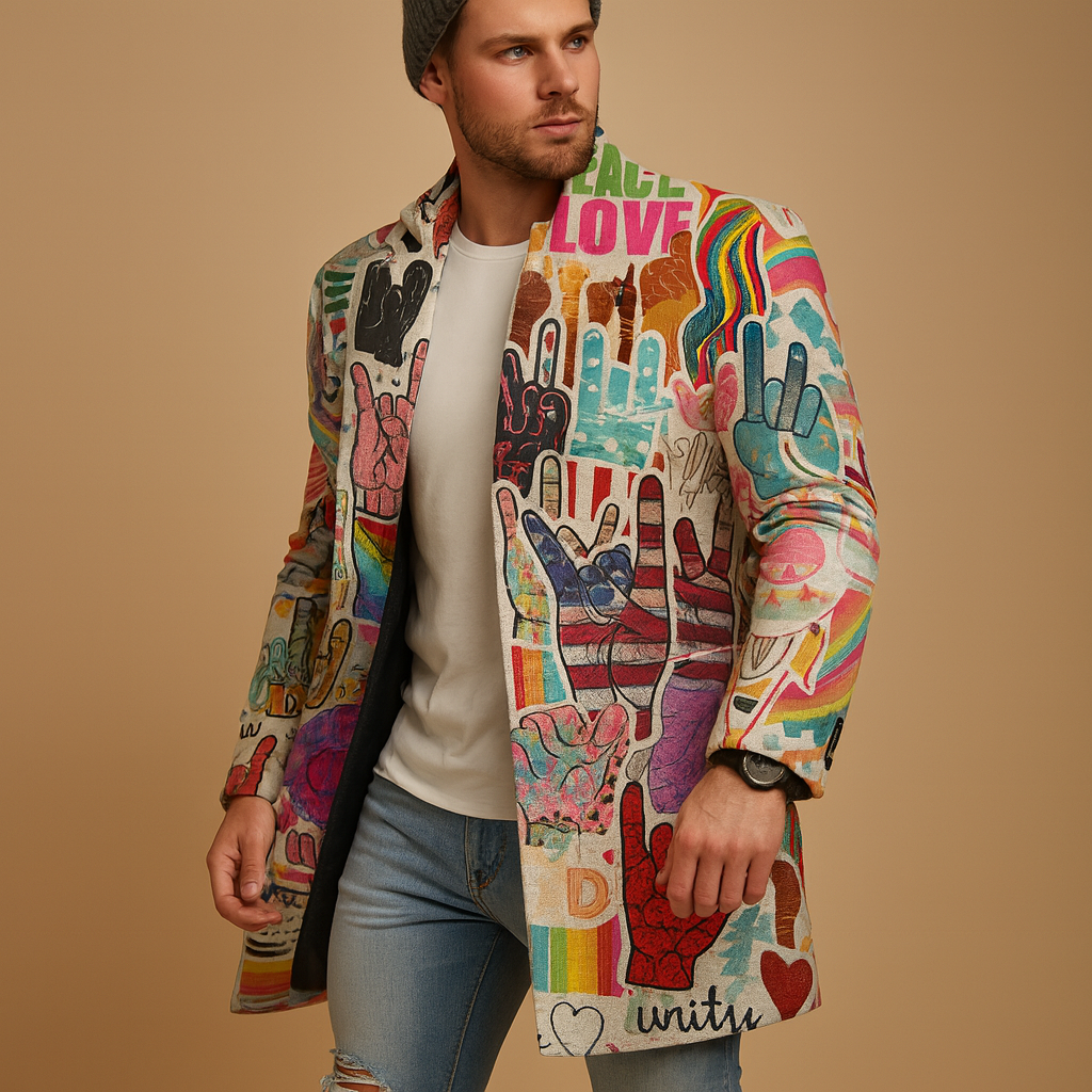 Men’s long graphic coat with modern patterned design and flattering fit, perfect for work, evenings, and all-season wear.