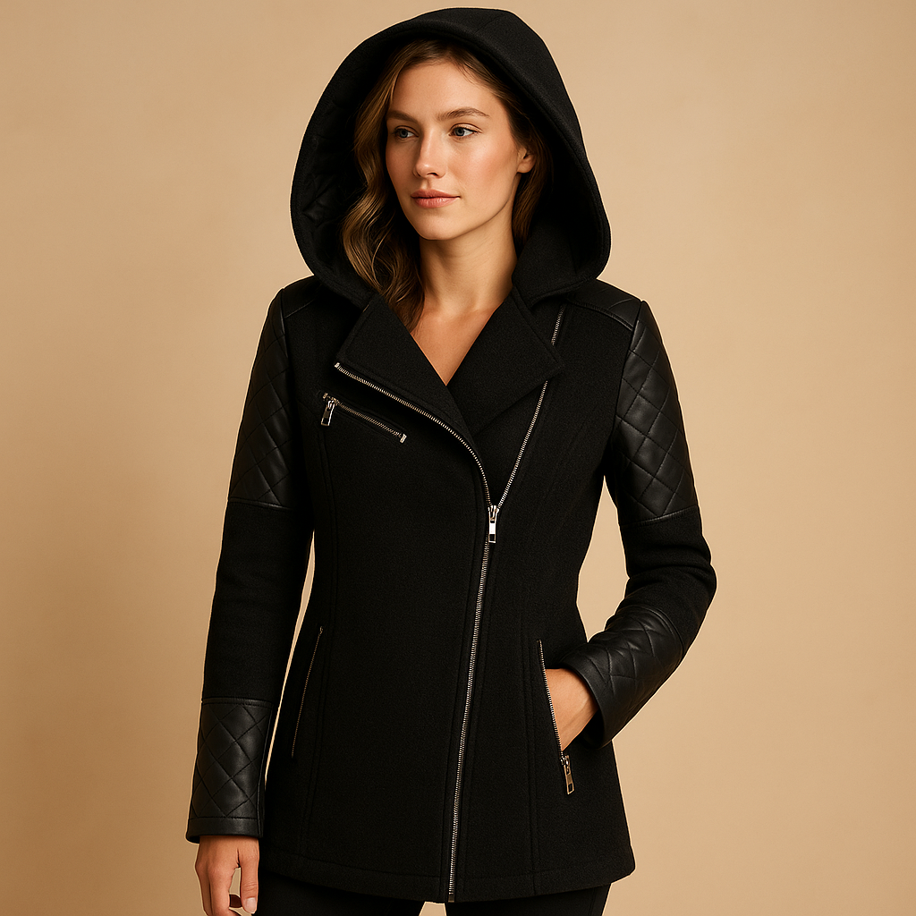 Long hooded winter coat for women with modern silhouette, premium wool blend, and elegant fit, perfect for cold weather and formal occasions.