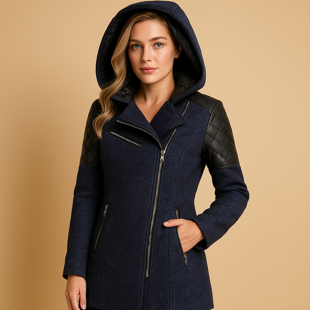 Long hooded winter coat for women with modern silhouette, premium wool blend, and elegant fit, perfect for cold weather and formal occasions.