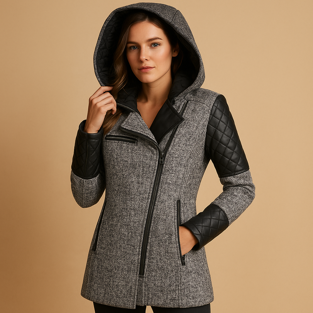 Long hooded winter coat for women with modern silhouette, premium wool blend, and elegant fit, perfect for cold weather and formal occasions.