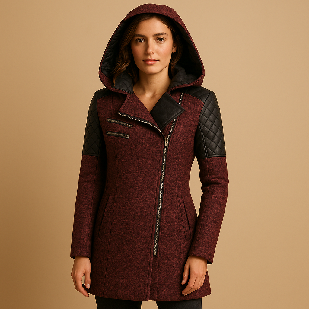 Long hooded winter coat for women with modern silhouette, premium wool blend, and elegant fit, perfect for cold weather and formal occasions.