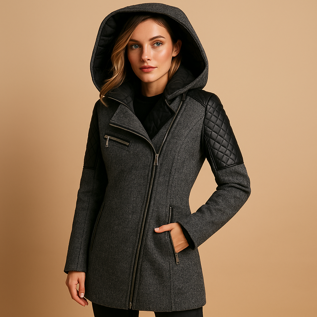 Long hooded winter coat for women with modern silhouette, premium wool blend, and elegant fit, perfect for cold weather and formal occasions.