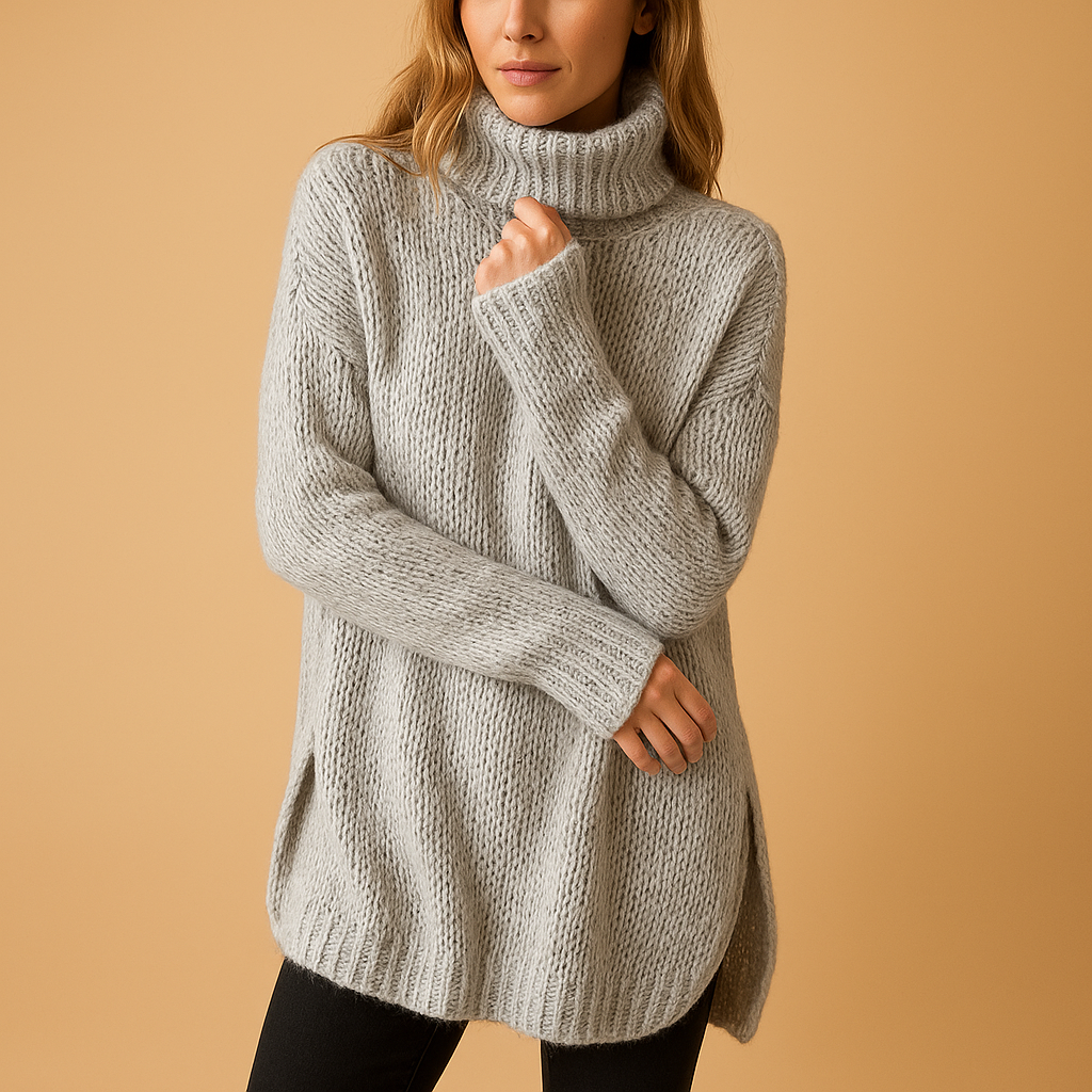 Long knit sweater with print for women in black and grey carbon-style design. Cozy, breathable, and perfect for autumn and winter comfort.