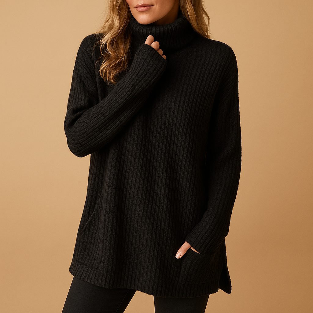 Long knit sweater with print for women in black and grey carbon-style design. Cozy, breathable, and perfect for autumn and winter comfort.