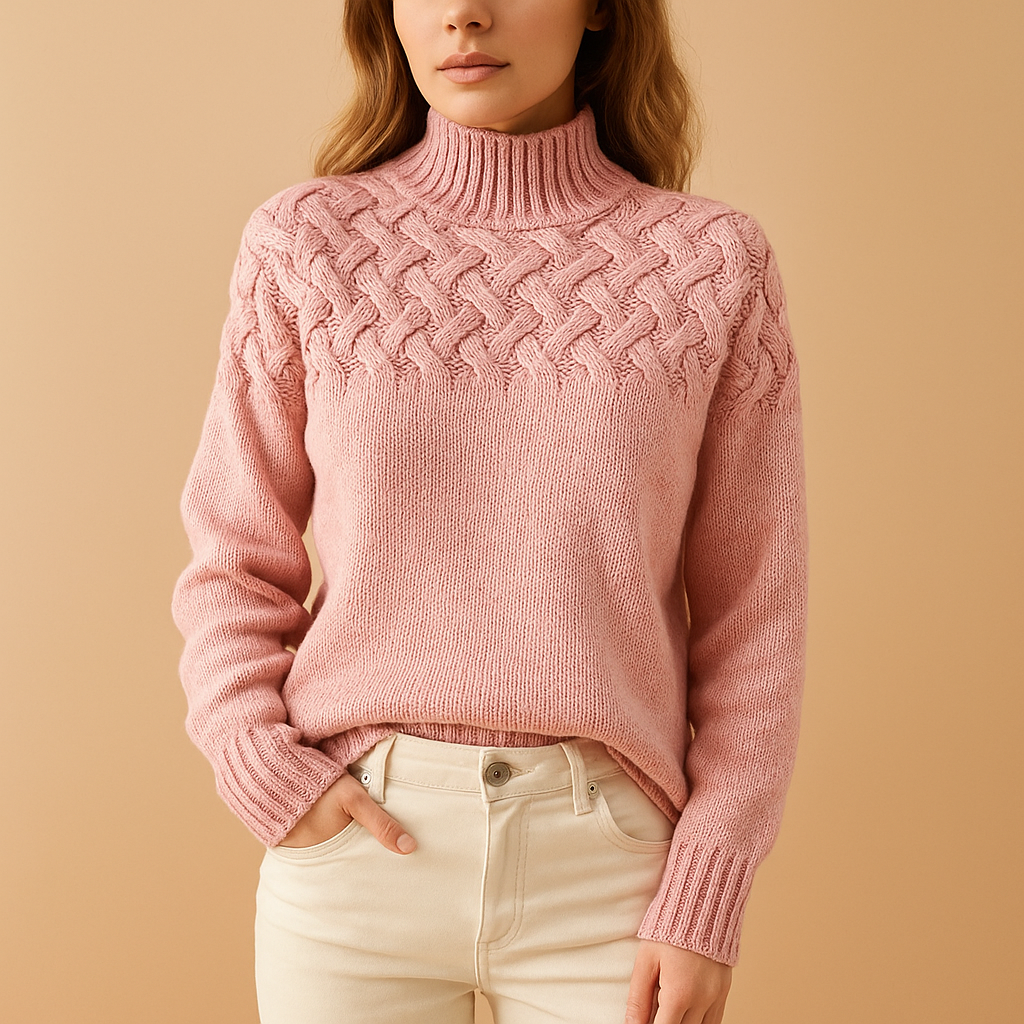 Women’s long knitted turtleneck sweater in pink, green, and blue with soft breathable knit and relaxed fit, perfect for stylish winter layering.