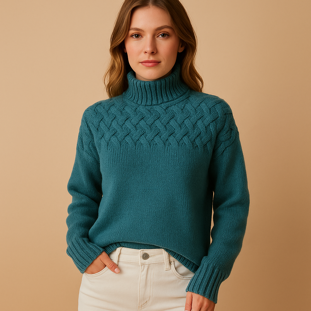 Women’s long knitted turtleneck sweater in pink, green, and blue with soft breathable knit and relaxed fit, perfect for stylish winter layering.