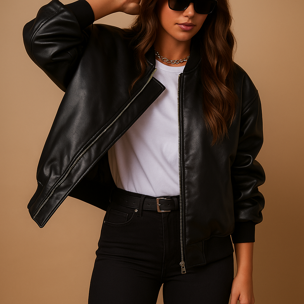 Women’s long leather coat with baseball-style accents and comfortable tailored fit. Available in Black, Brown, and Beige for chic winter fashion.