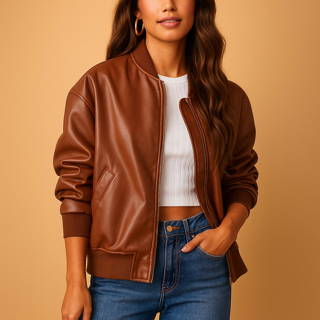 Women’s long leather coat with baseball-style accents and comfortable tailored fit. Available in Black, Brown, and Beige for chic winter fashion.