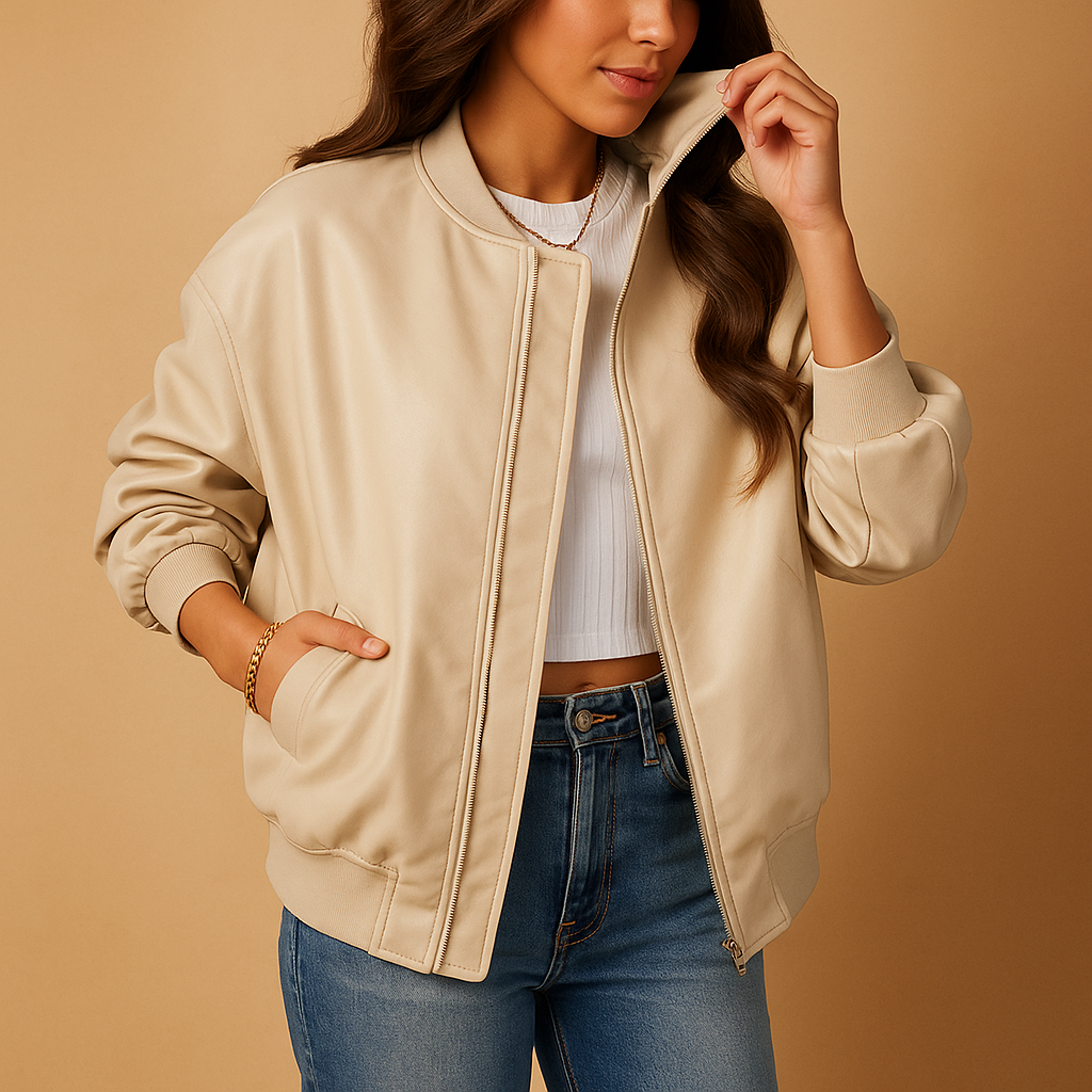 Women’s long leather coat with baseball-style accents and comfortable tailored fit. Available in Black, Brown, and Beige for chic winter fashion.