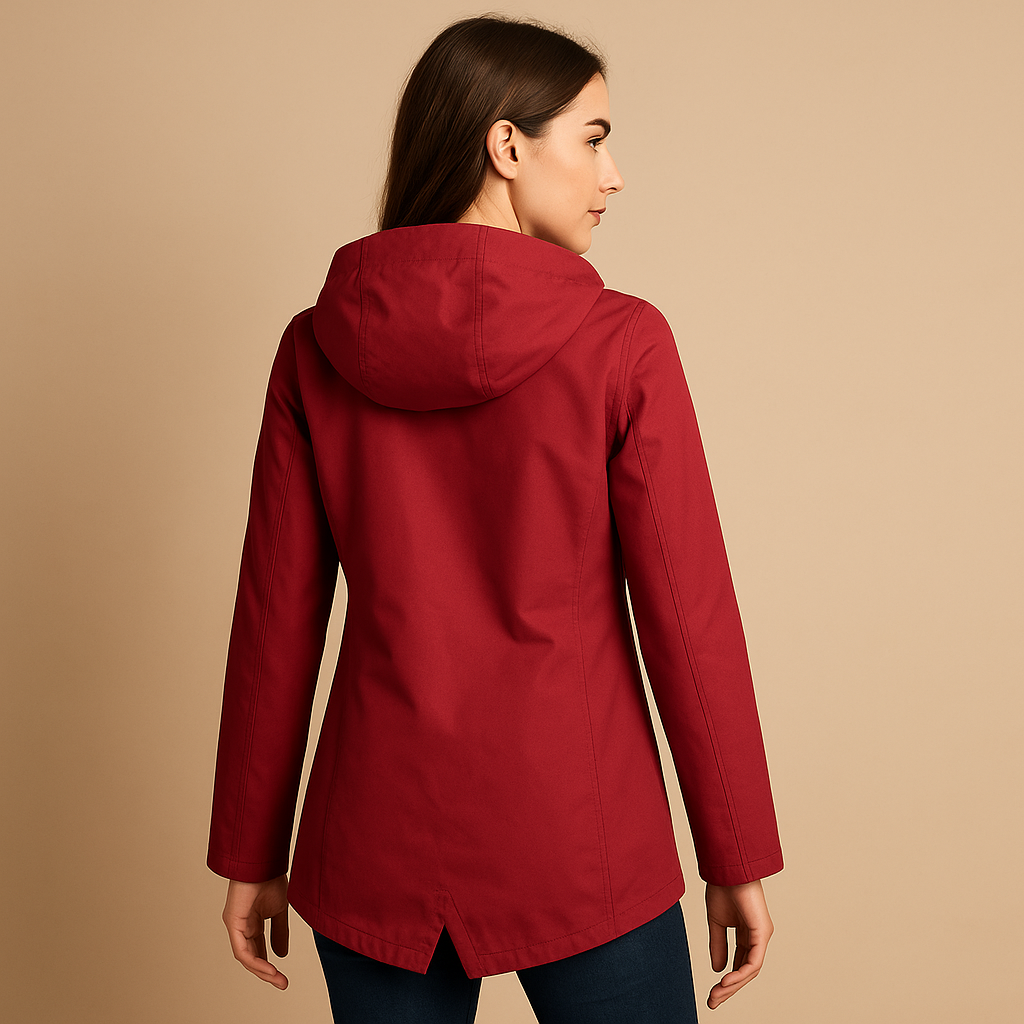 Long raincoat for women with hood, breathable fabric, extended length, and stylish design in multiple colors for daily wear.