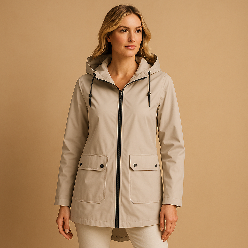 Long raincoat for women with hood, breathable fabric, extended length, and stylish design in multiple colors for daily wear.