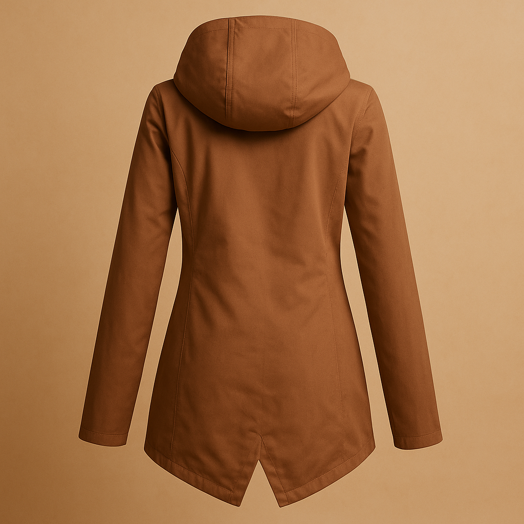 Long raincoat for women with hood, breathable fabric, extended length, and stylish design in multiple colors for daily wear.