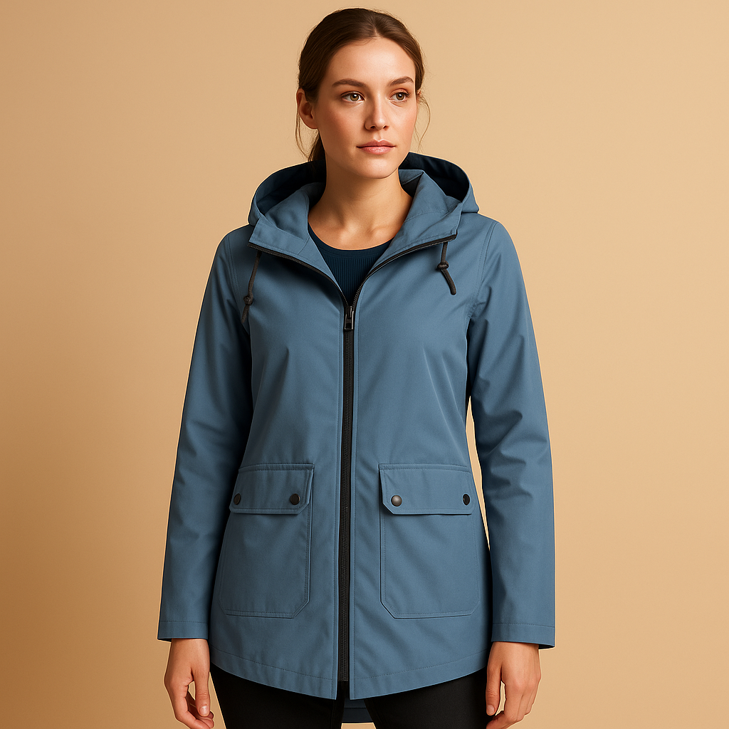 Long raincoat for women with hood, breathable fabric, extended length, and stylish design in multiple colors for daily wear.