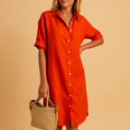 Women’s long shirt dress with short sleeves and loose fit, available in black, green, blue, and red. Perfect for casual, work, or party looks.