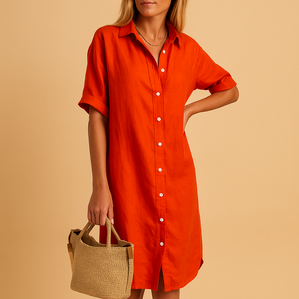 Women’s long shirt dress with short sleeves and loose fit, available in black, green, blue, and red. Perfect for casual, work, or party looks.