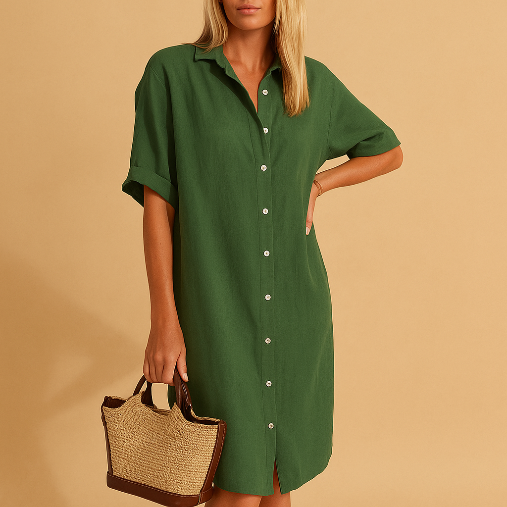 Women’s long shirt dress with short sleeves and loose fit, available in black, green, blue, and red. Perfect for casual, work, or party looks.