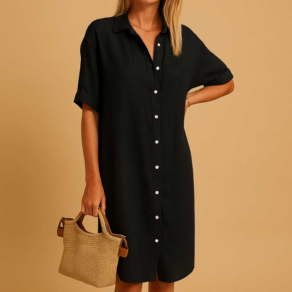 Women’s long shirt dress with short sleeves and loose fit, available in black, green, blue, and red. Perfect for casual, work, or party looks.