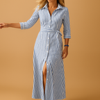 Women’s long summer dress with breathable fabric, loose fit, and short sleeves, available in light blue, green, navy blue, black, and striped blue.
