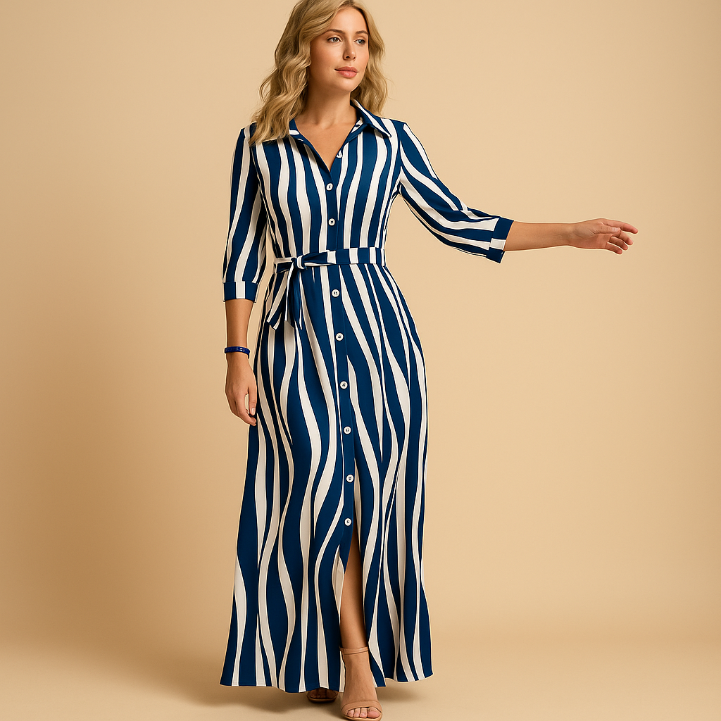 Women’s long summer dress with breathable fabric, loose fit, and short sleeves, available in light blue, green, navy blue, black, and striped blue.