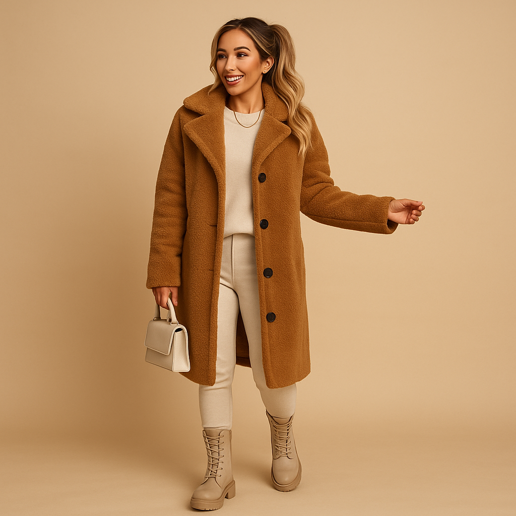 Women’s long teddy coat in beige with ultra-soft fabric, modern cut, and elegant design. Perfect for both formal and casual winter outfits.