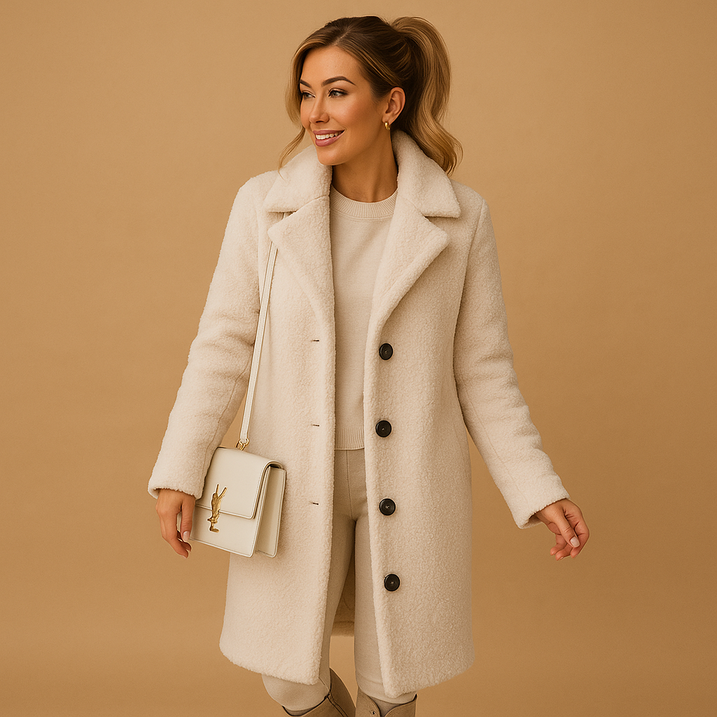 Women’s long teddy coat in beige with ultra-soft fabric, modern cut, and elegant design. Perfect for both formal and casual winter outfits.