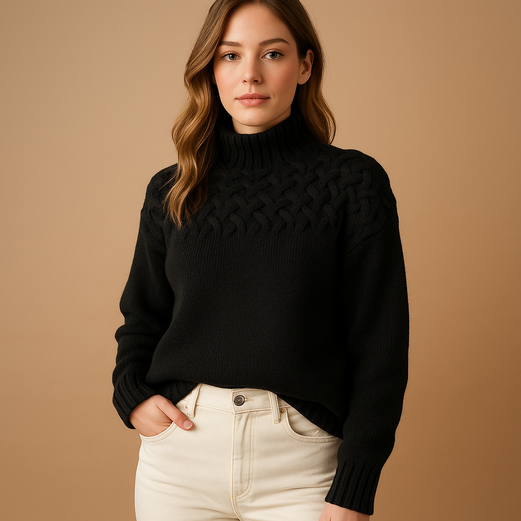 Long turtleneck knit sweater for women with elongated fit, soft collar, and timeless design. Perfect for casual and formal winter outfits.