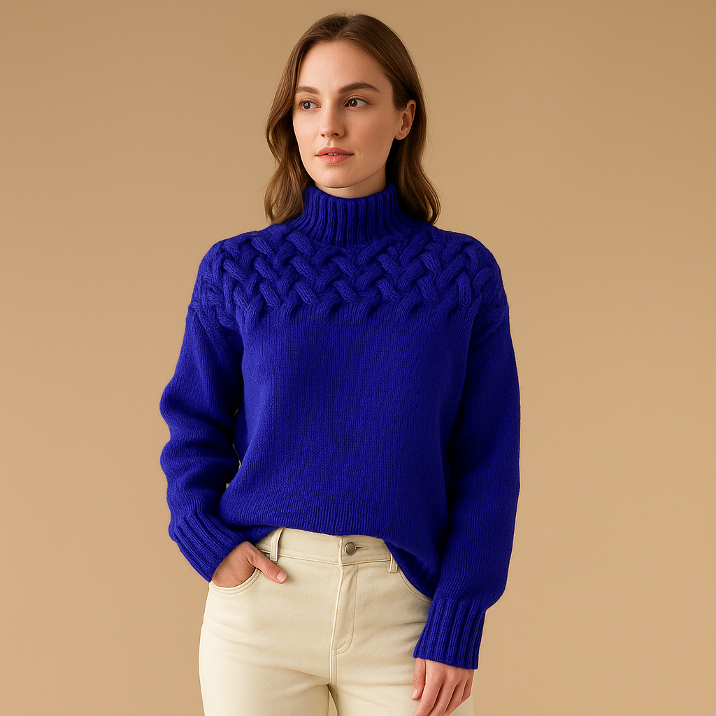 Long turtleneck knit sweater for women with elongated fit, soft collar, and timeless design. Perfect for casual and formal winter outfits.