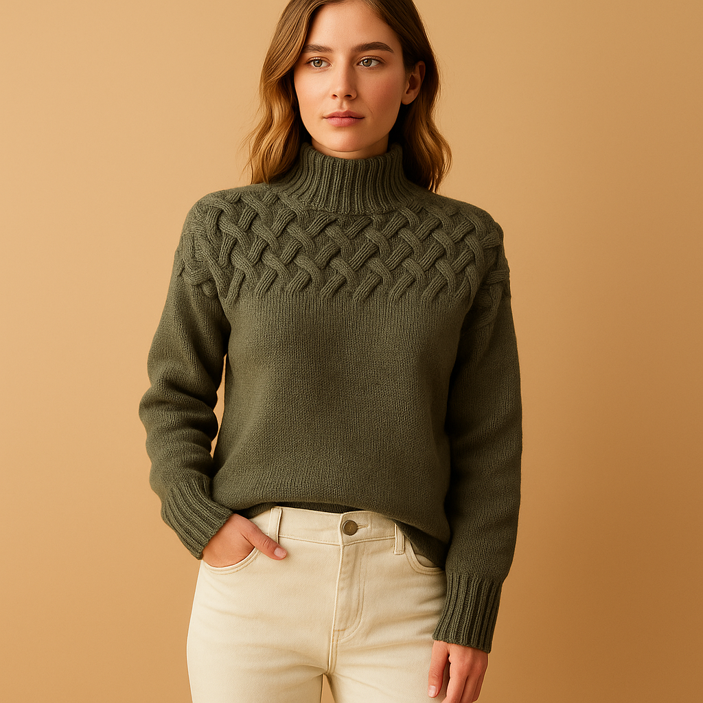 Long turtleneck knit sweater for women with elongated fit, soft collar, and timeless design. Perfect for casual and formal winter outfits.